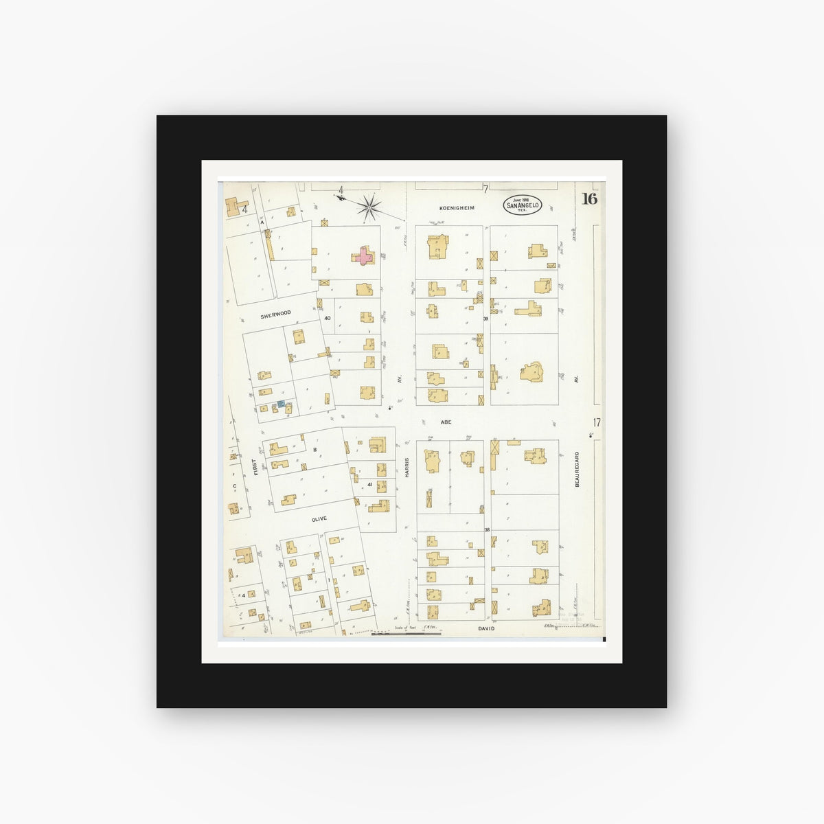 Old map wall art mockup — black gallery frame with white mat — Sanborn Fire Insurance Map from San Angelo, Tom Green County, Texas (1908), Sheet #0016