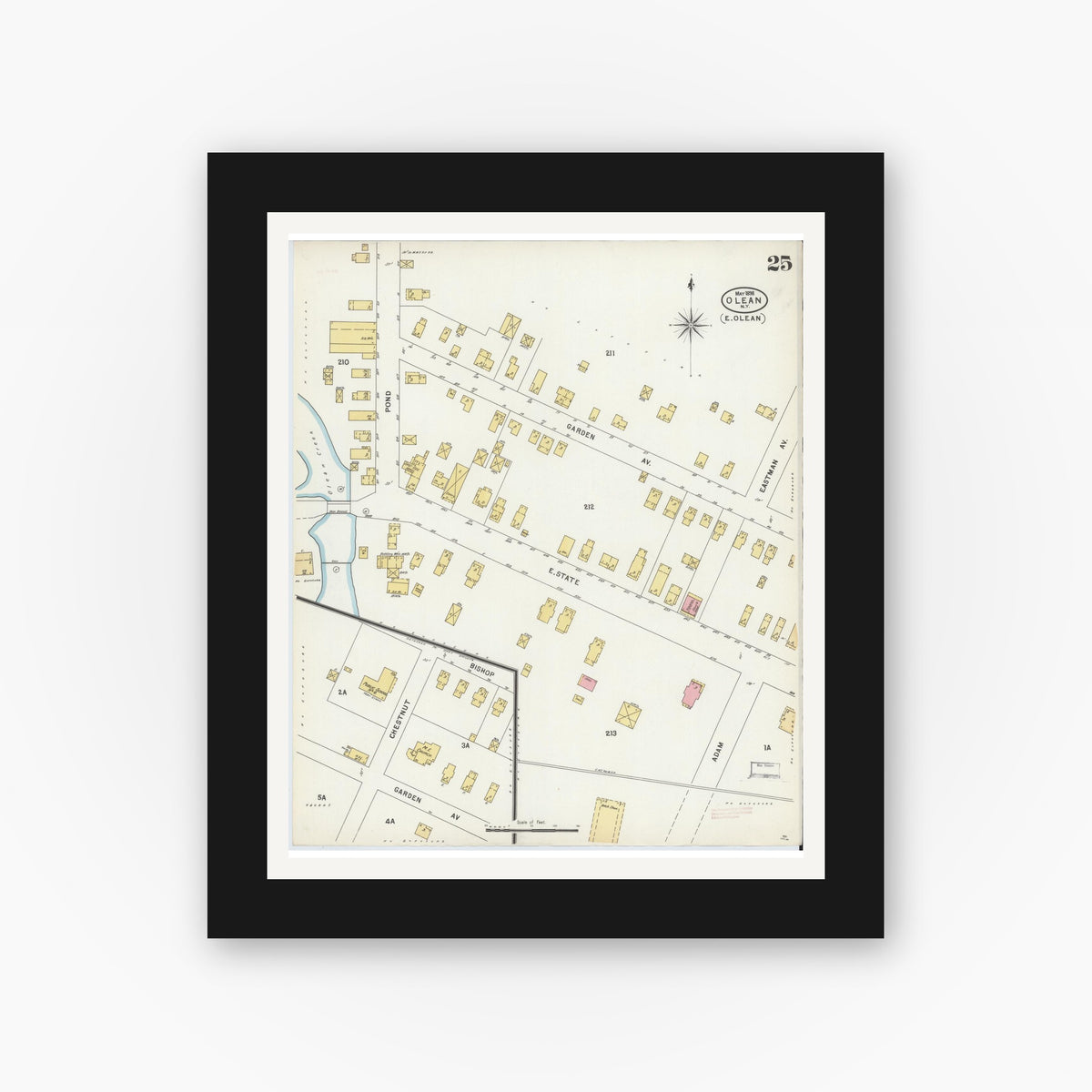 Old map wall art mockup — black gallery frame with white mat — Sanborn Fire Insurance Map from Olean, Cattaraugus County, New York (1898), Sheet #0025