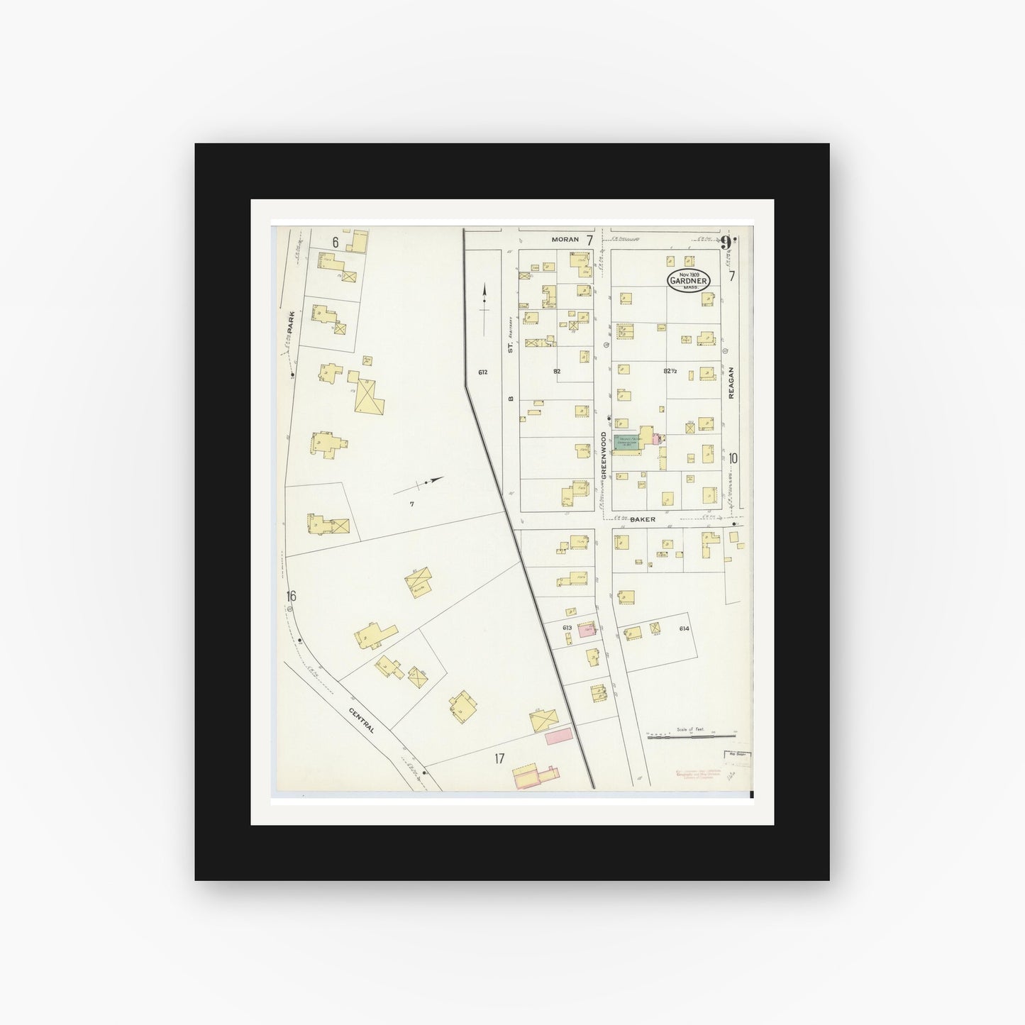 Old map wall art mockup — black gallery frame with white mat — Sanborn Fire Insurance Map from Gardner, Worcester County, Massachusetts (1909), Sheet #0009