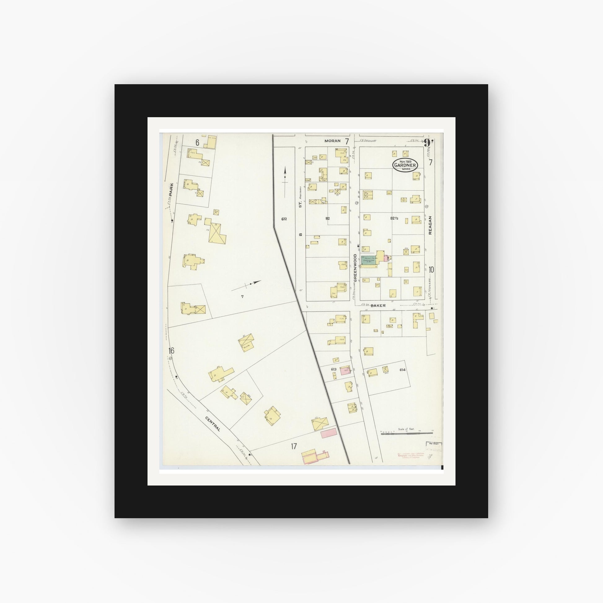 Old map wall art mockup — black gallery frame with white mat — Sanborn Fire Insurance Map from Gardner, Worcester County, Massachusetts (1909), Sheet #0009