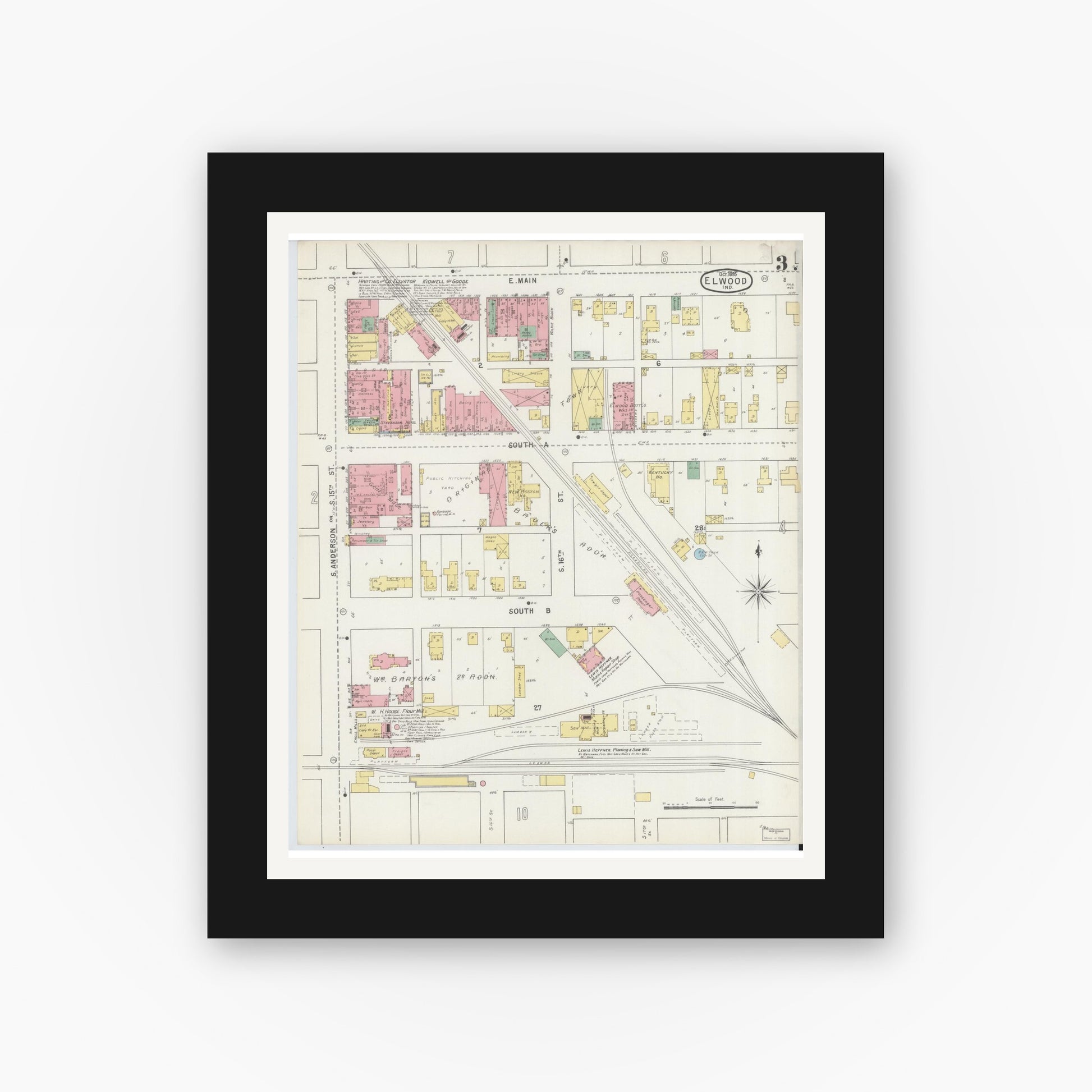 Old map wall art mockup — black gallery frame with white mat — Sanborn Fire Insurance Map from Elwood, Madison County, Indiana (1895), Sheet #0003