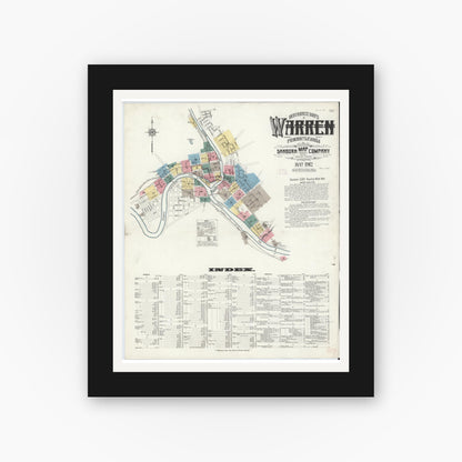 Old map wall art mockup — black gallery frame with white mat — Sanborn Fire Insurance Map from Warren, Warren County, Pennsylvania (1912), Sheet #0001