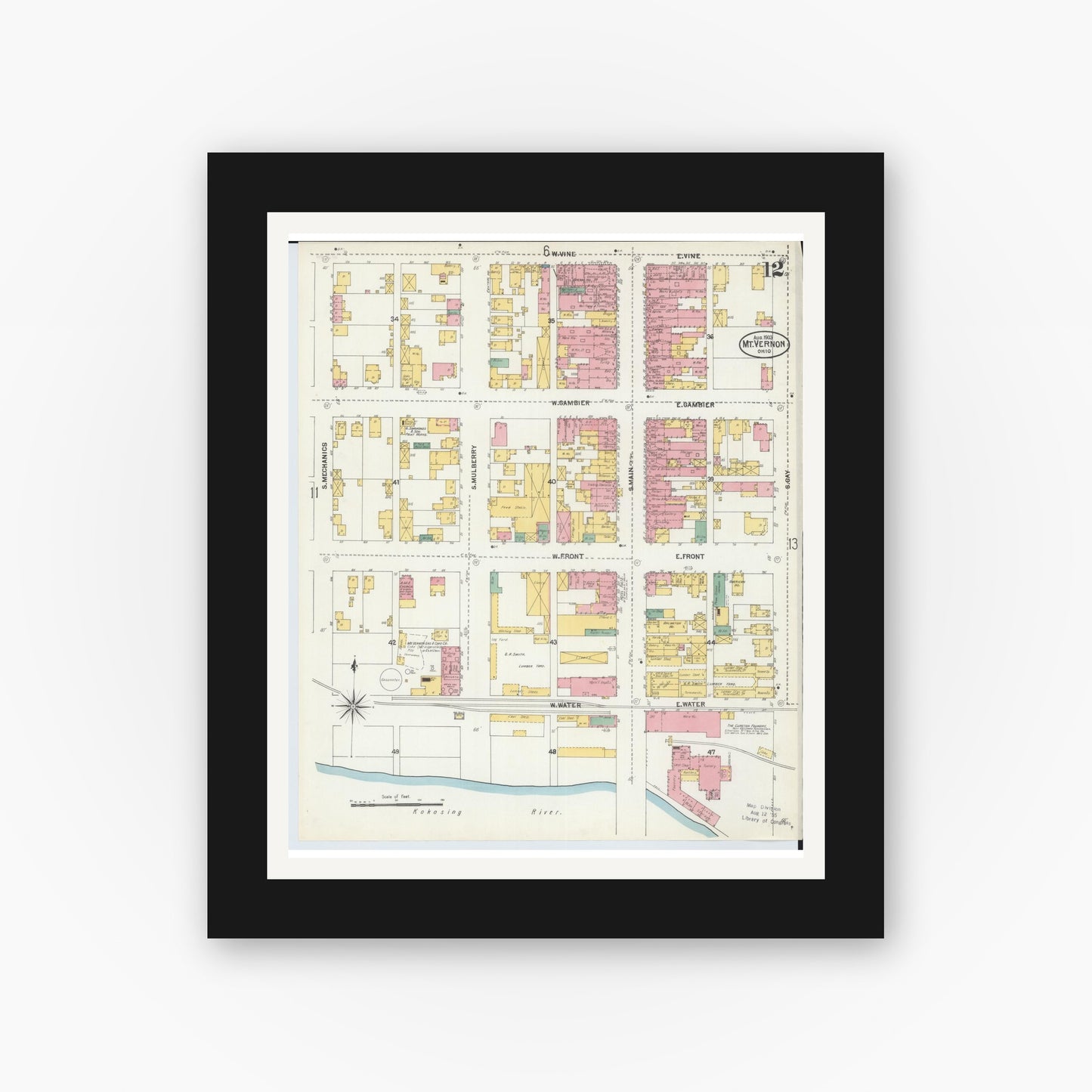Old map wall art mockup — black gallery frame with white mat — Sanborn Fire Insurance Map from Mount Vernon, Knox County, Ohio (1903), Sheet #0012