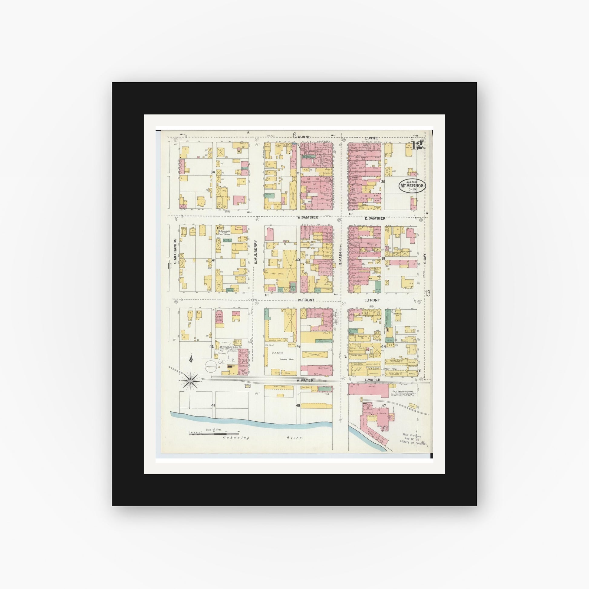 Old map wall art mockup — black gallery frame with white mat — Sanborn Fire Insurance Map from Mount Vernon, Knox County, Ohio (1903), Sheet #0012