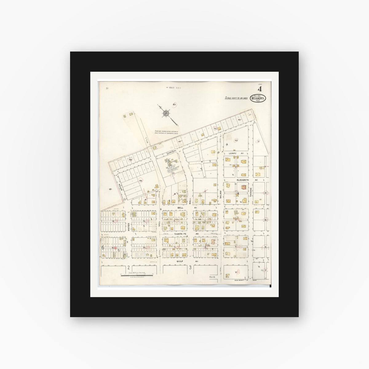 Old map wall art mockup — black gallery frame with white mat — Sanborn Fire Insurance Map from Rogers, Bell County, Texas (1944), Sheet #0004