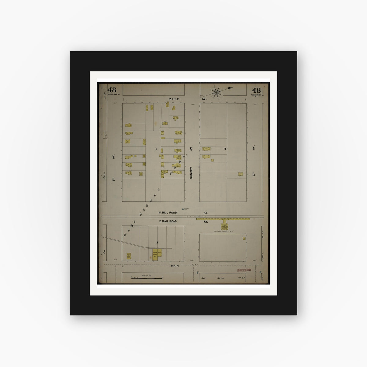 Old map wall art mockup — black gallery frame with white mat — Sanborn Fire Insurance Map from New Jersey Coast, New Jersey Coast, New Jersey (1890), Sheet #0048