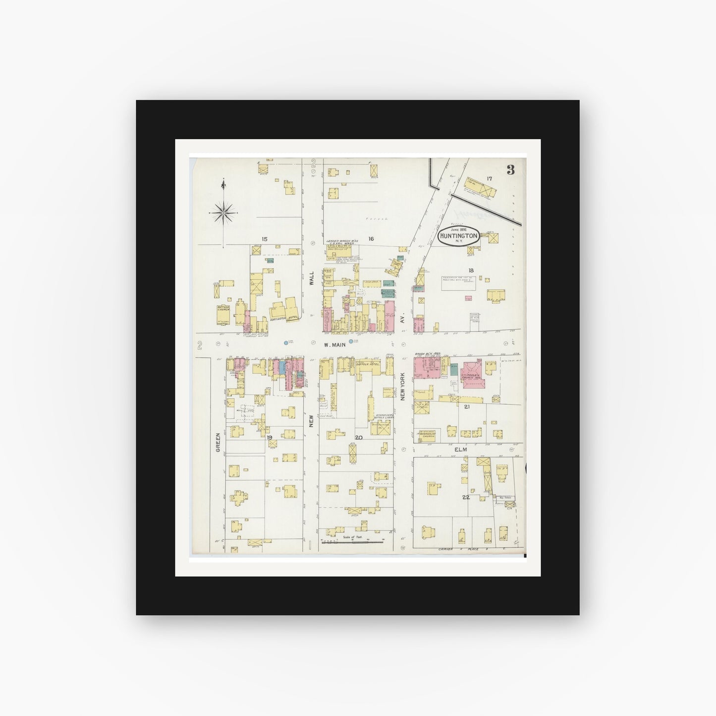 Old map wall art mockup — black gallery frame with white mat — Sanborn Fire Insurance Map from Huntington, Suffolk County, New York (1892), Sheet #0003