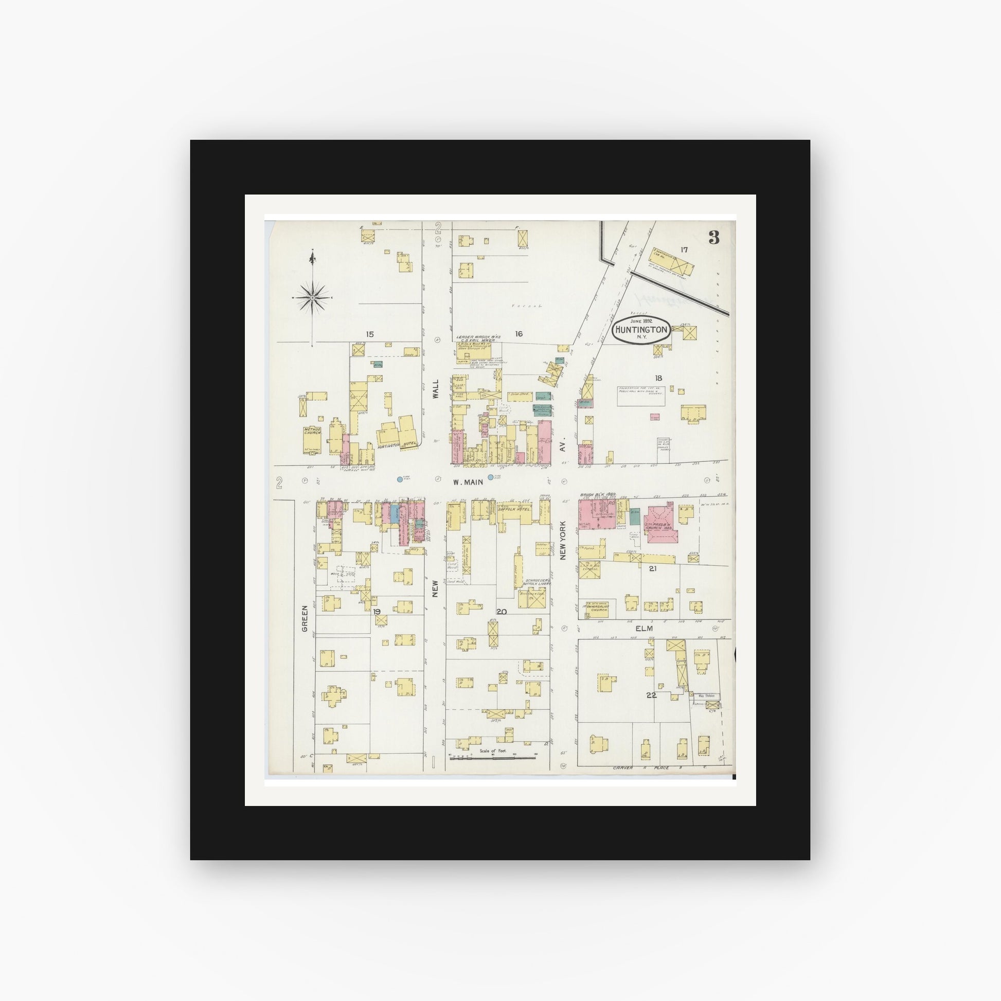 Old map wall art mockup — black gallery frame with white mat — Sanborn Fire Insurance Map from Huntington, Suffolk County, New York (1892), Sheet #0003