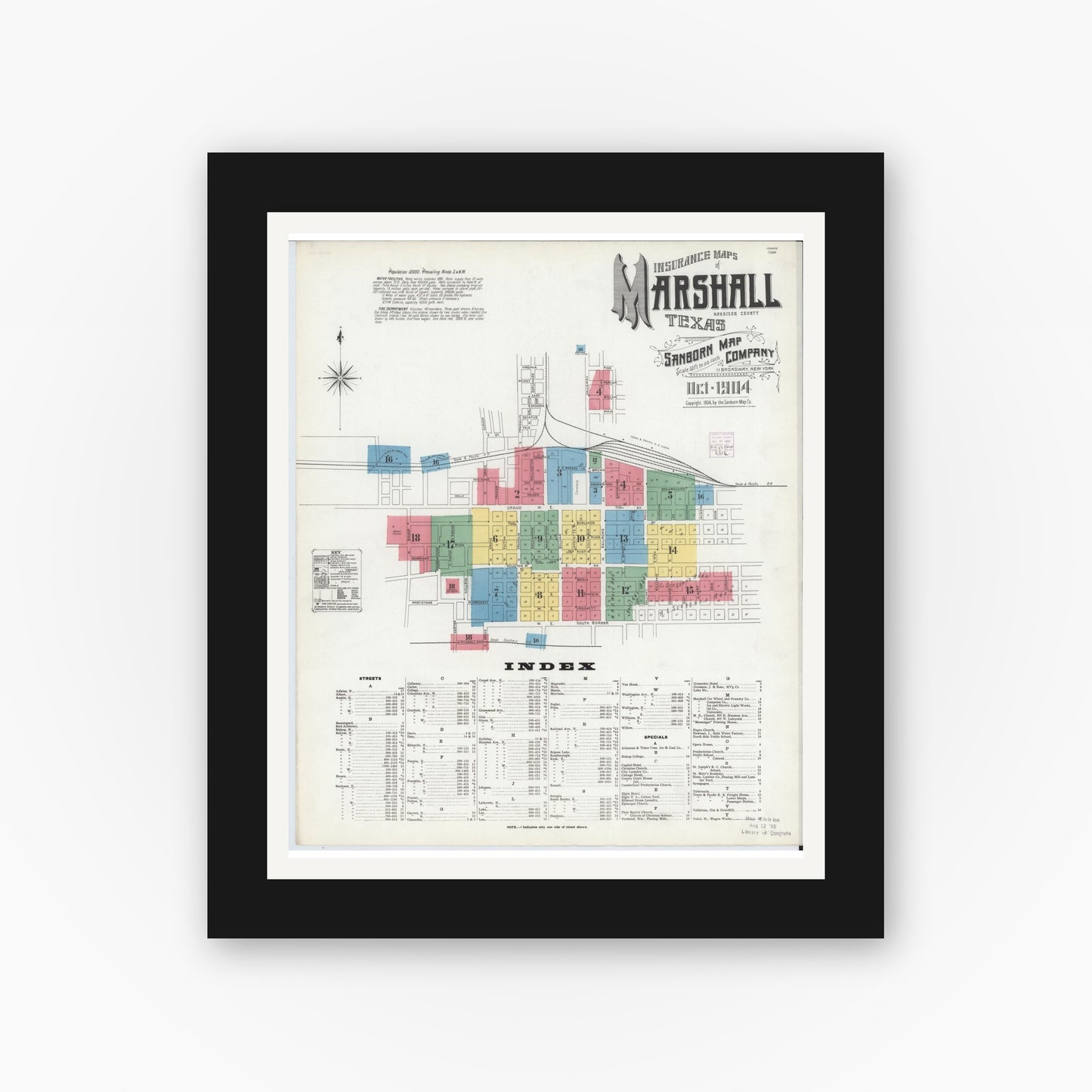 Old map wall art mockup — black gallery frame with white mat — Sanborn Fire Insurance Map from Marshall, Harrison County, Texas (1904) - Complete Map Set