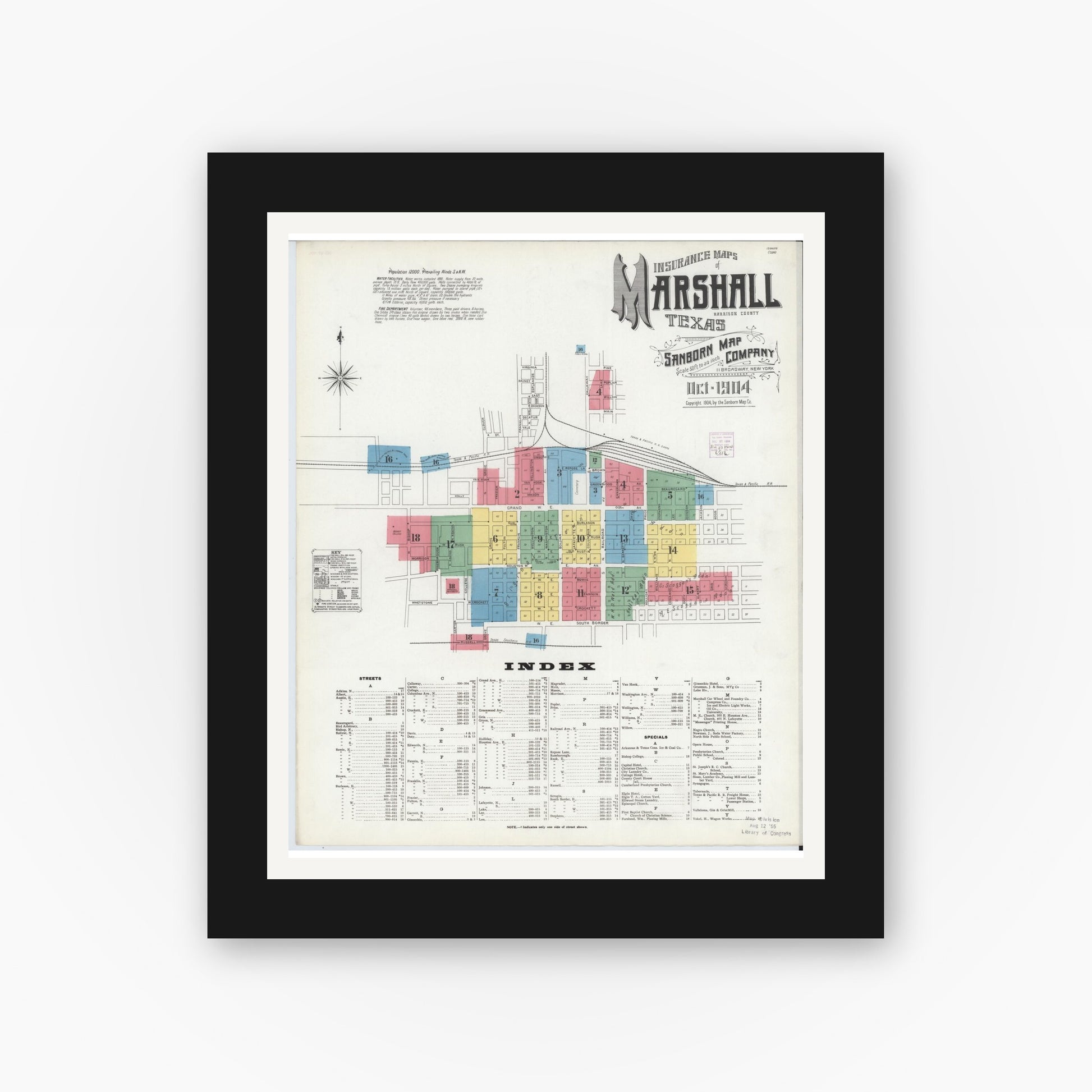 Old map wall art mockup — black gallery frame with white mat — Sanborn Fire Insurance Map from Marshall, Harrison County, Texas (1904) - Complete Map Set