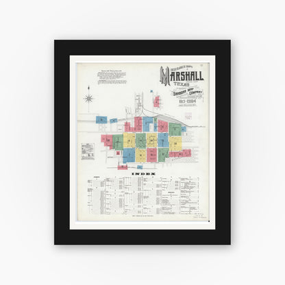 Old map wall art mockup — black gallery frame with white mat — Sanborn Fire Insurance Map from Marshall, Harrison County, Texas (1904) - Complete Map Set
