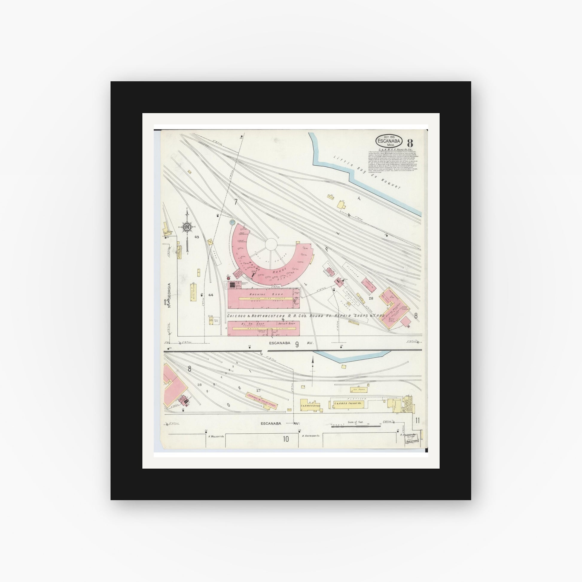 Old map wall art mockup — black gallery frame with white mat — Sanborn Fire Insurance Map from Escanaba, Delta County, Michigan (1913), Sheet #0008