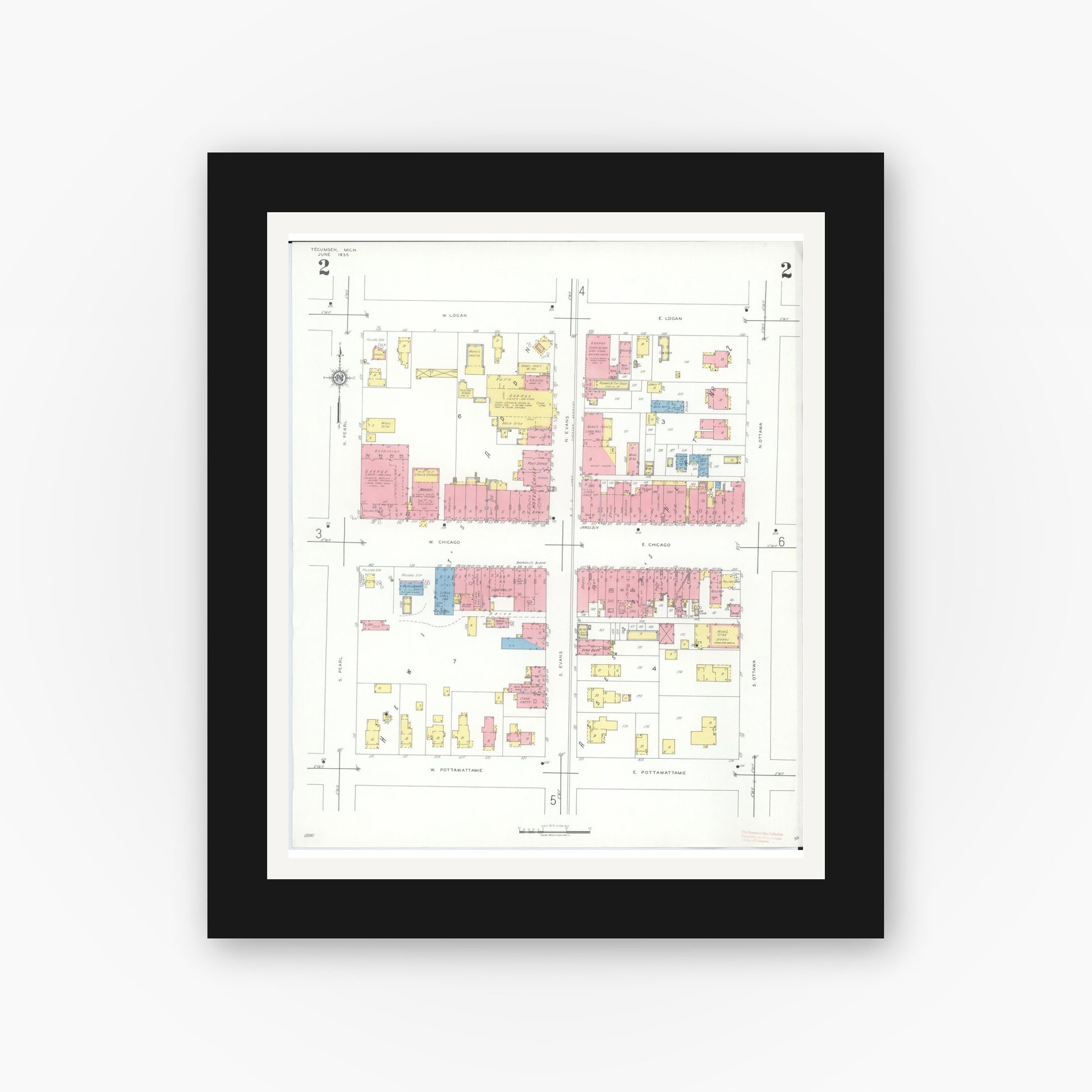 Old map wall art mockup — black gallery frame with white mat — Sanborn Fire Insurance Map from Tecumseh, Lenawee County, Michigan (1935), Sheet #0002