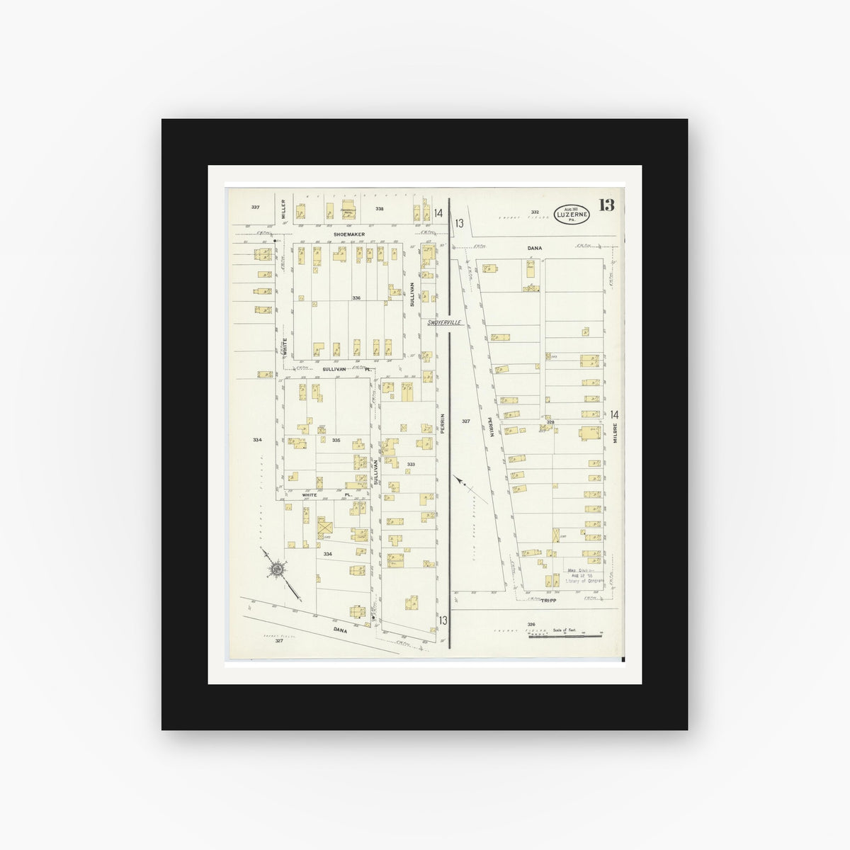 Old map wall art mockup — black gallery frame with white mat — Sanborn Fire Insurance Map from Luzerne, Luzerne County, Pennsylvania (1911), Sheet #0013