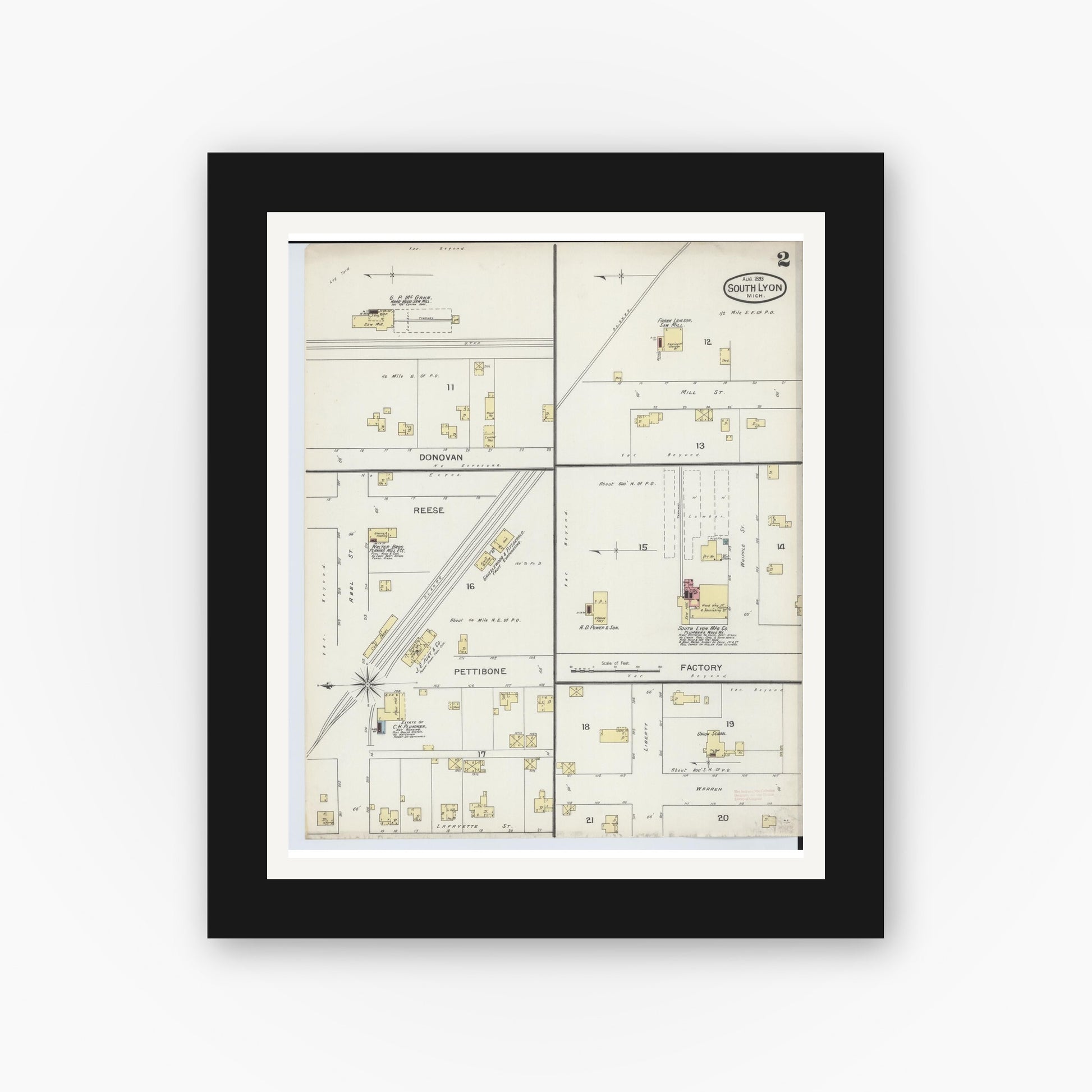 Old map wall art mockup — black gallery frame with white mat — Sanborn Fire Insurance Map from South Lyon, Oakland County, Michigan (1893), Sheet #0002