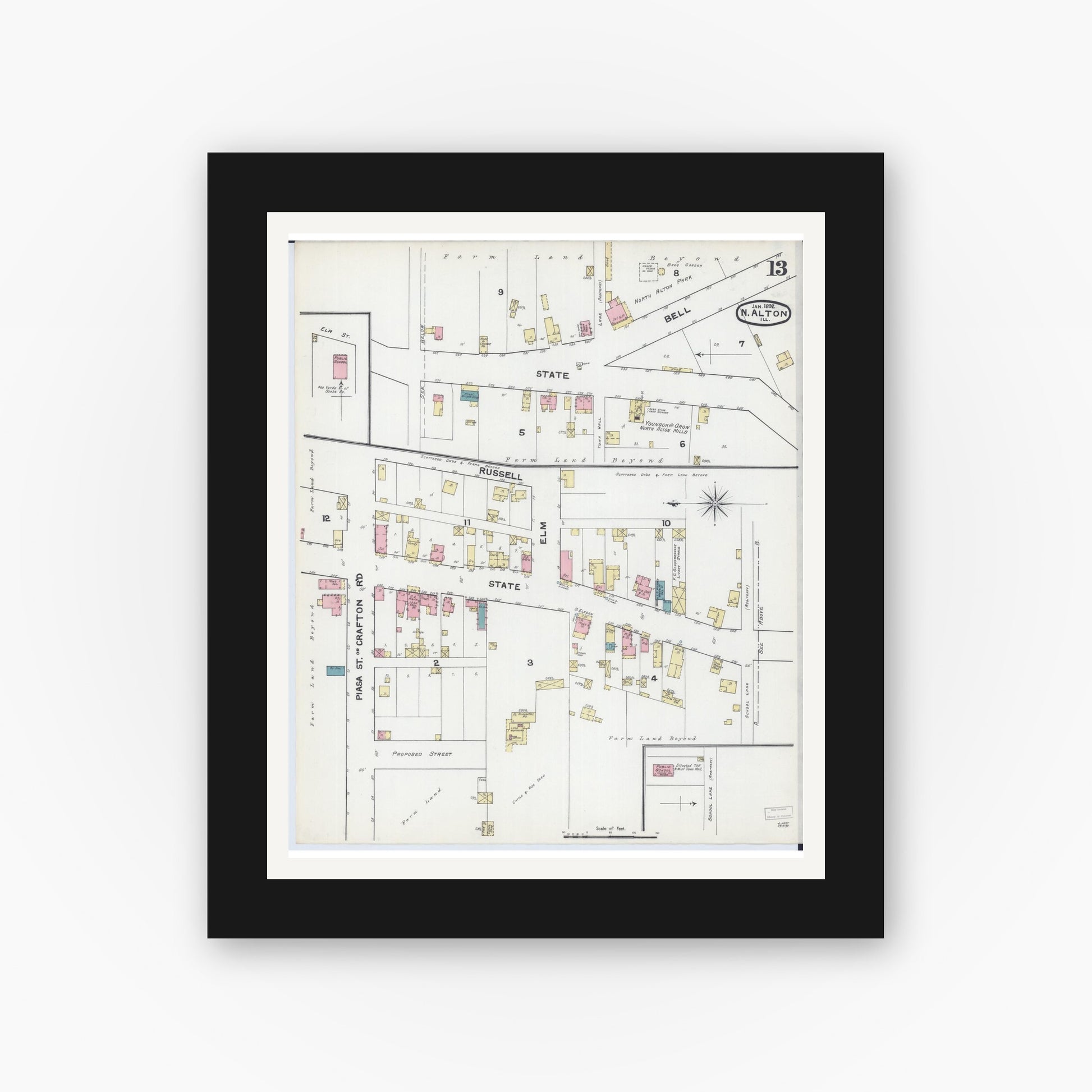 Old map wall art mockup — black gallery frame with white mat — Sanborn Fire Insurance Map from Alton, Madison County, Illinois (1892), Sheet #0013