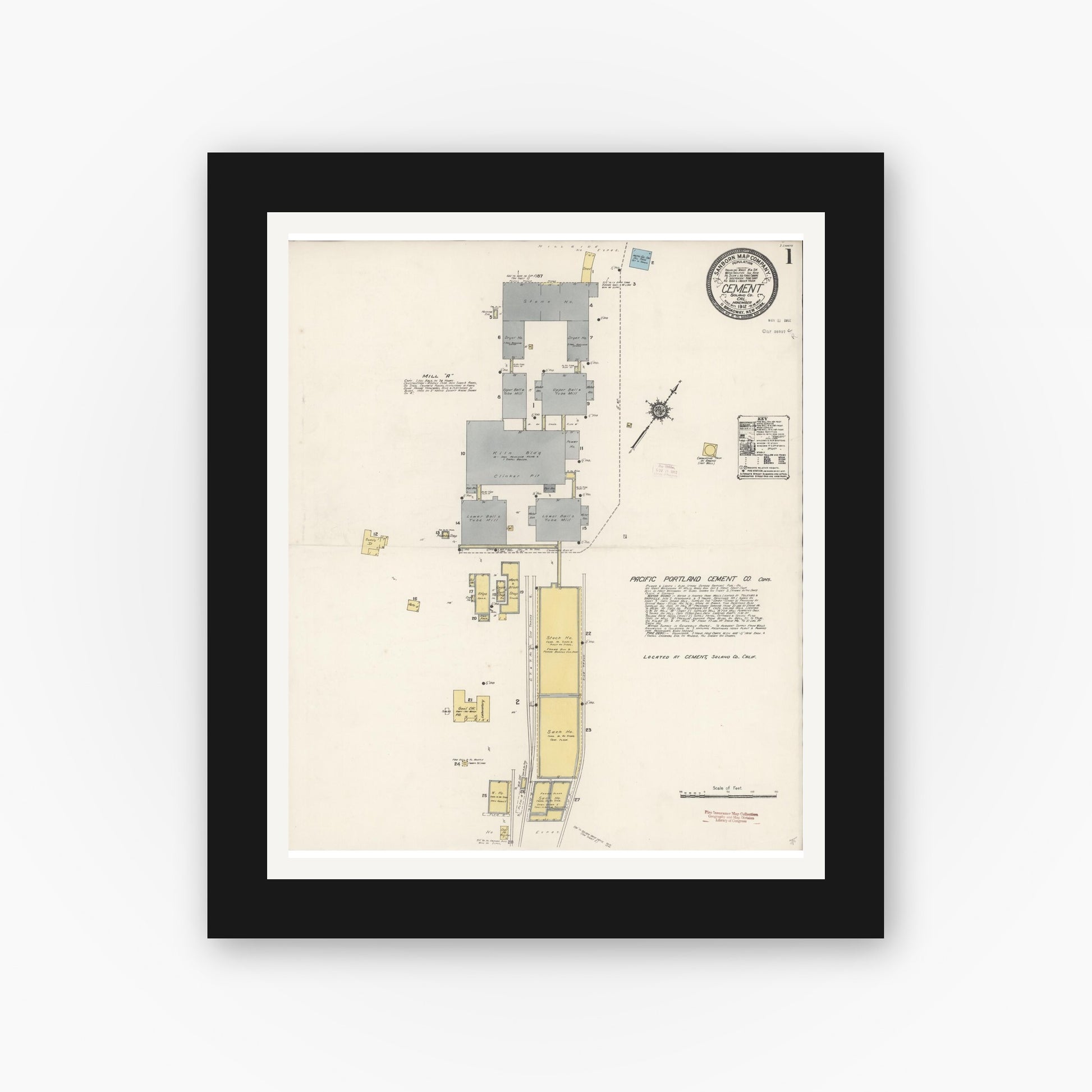 Old map wall art mockup — black gallery frame with white mat — Sanborn Fire Insurance Map from Cement, Solano County, California (1912), Sheet #0001