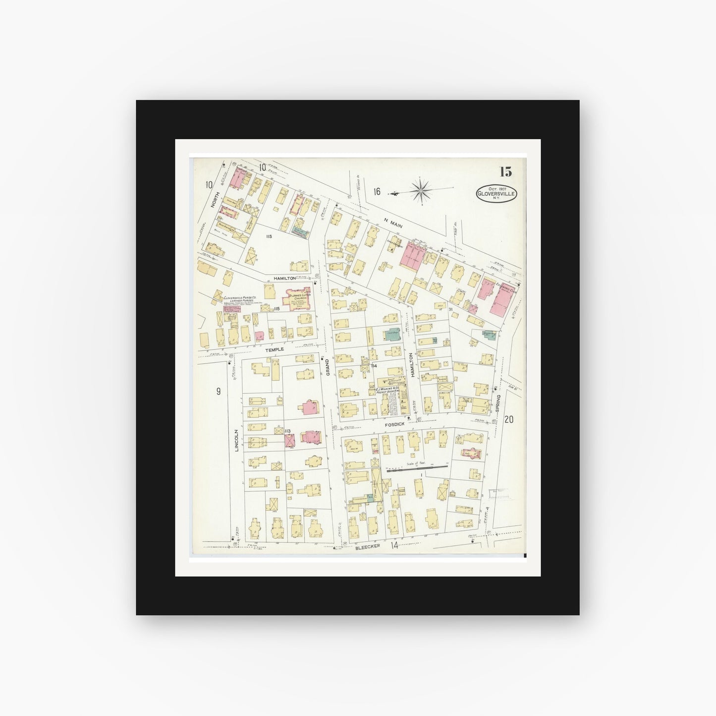Old map wall art mockup — black gallery frame with white mat — Sanborn Fire Insurance Map from Gloversville, Fulton County, New York (1907), Sheet #0015