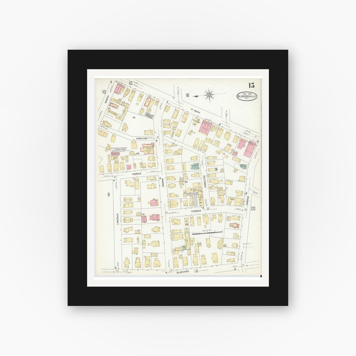 Old map wall art mockup — black gallery frame with white mat — Sanborn Fire Insurance Map from Gloversville, Fulton County, New York (1907), Sheet #0015