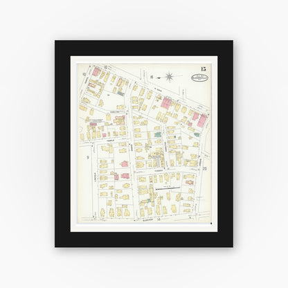 Old map wall art mockup — black gallery frame with white mat — Sanborn Fire Insurance Map from Gloversville, Fulton County, New York (1907), Sheet #0015