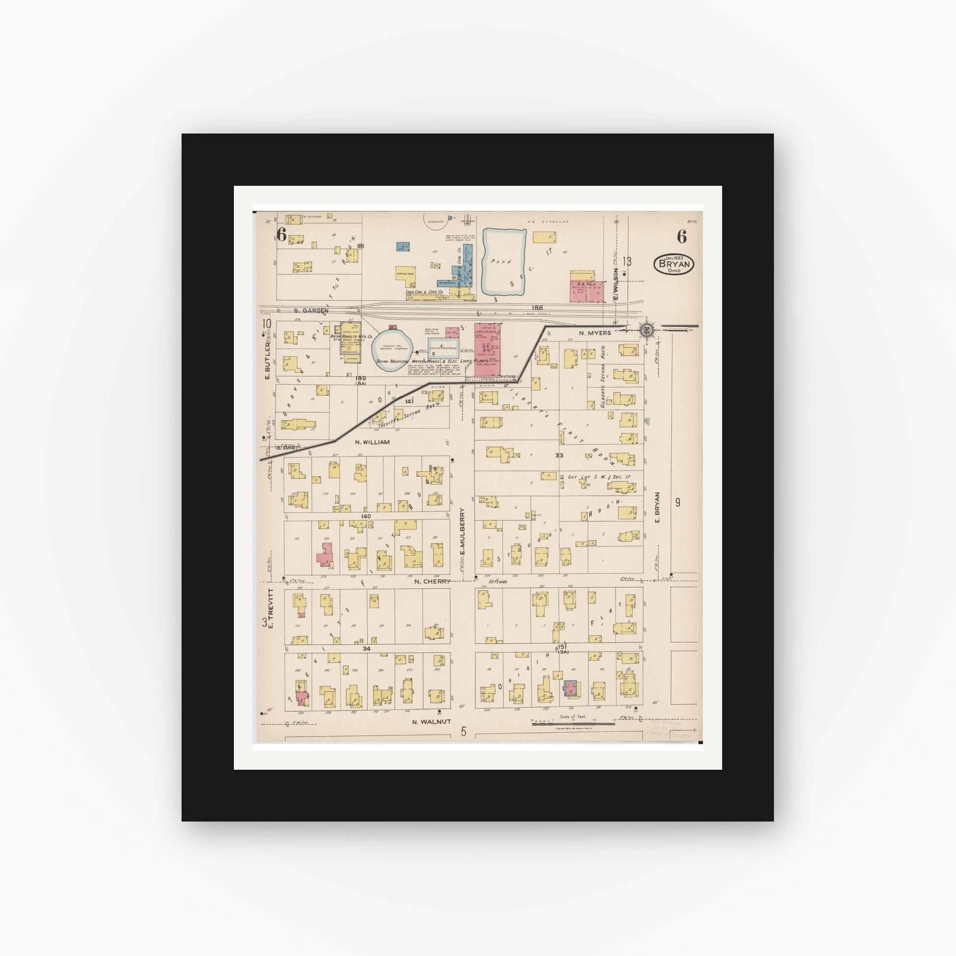 Old map wall art mockup — black gallery frame with white mat — Sanborn Fire Insurance Map from Bryan, Williams County, Ohio (1923), Sheet #0006