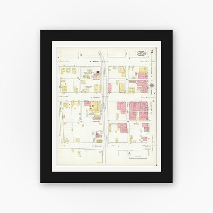 Old map wall art mockup — black gallery frame with white mat — Sanborn Fire Insurance Map from Shelby, Cleveland County, North Carolina (1916), Sheet #0002