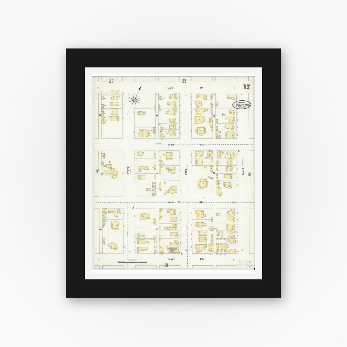 Old map wall art mockup — black gallery frame with white mat — Sanborn Fire Insurance Map from Texarkana, Bowie County, Texas (1905), Sheet #0017
