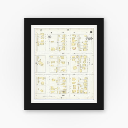 Old map wall art mockup — black gallery frame with white mat — Sanborn Fire Insurance Map from Texarkana, Bowie County, Texas (1905), Sheet #0017
