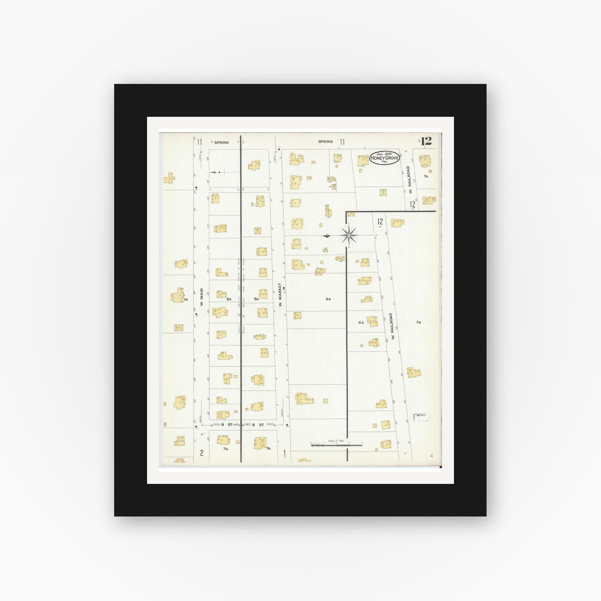 Old map wall art mockup — black gallery frame with white mat — Sanborn Fire Insurance Map from Honey Grove, Fannin County, Texas (1909), Sheet #0012