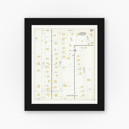 Old map wall art mockup — black gallery frame with white mat — Sanborn Fire Insurance Map from Honey Grove, Fannin County, Texas (1909), Sheet #0012