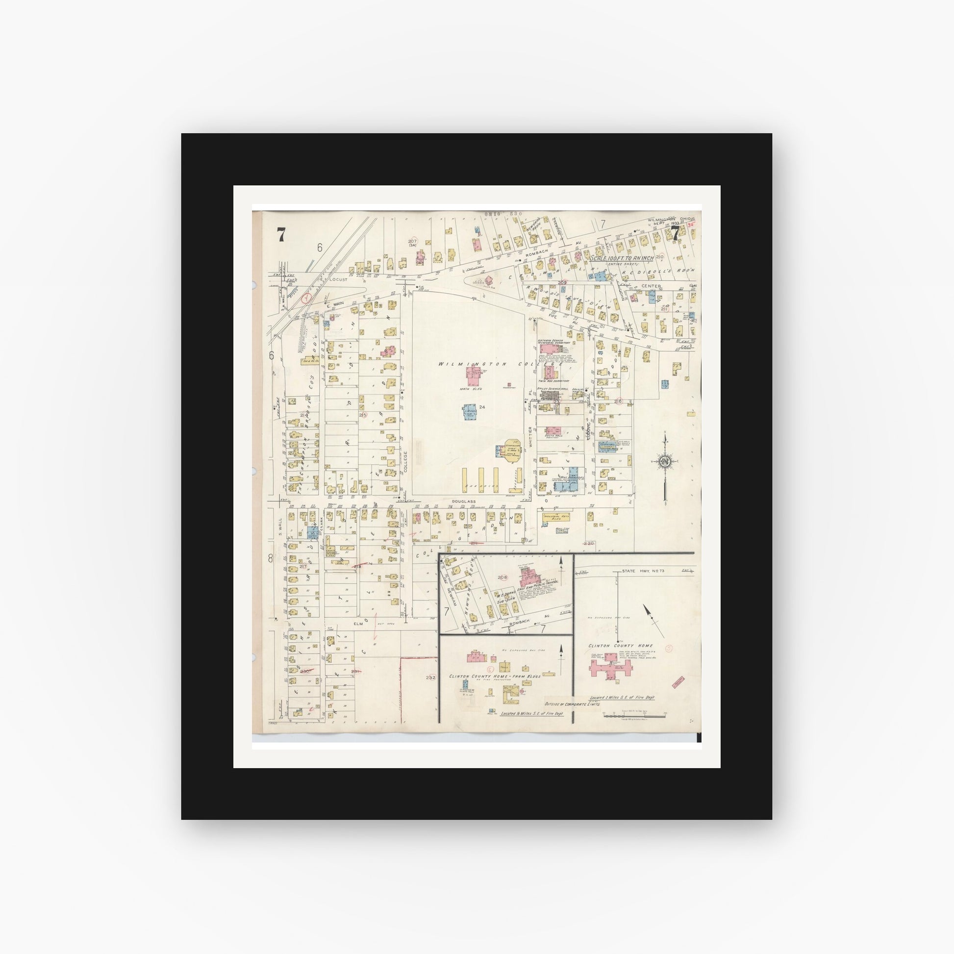 Old map wall art mockup — black gallery frame with white mat — Sanborn Fire Insurance Map from Wilmington, Clinton County, Ohio (1949), Sheet #0007