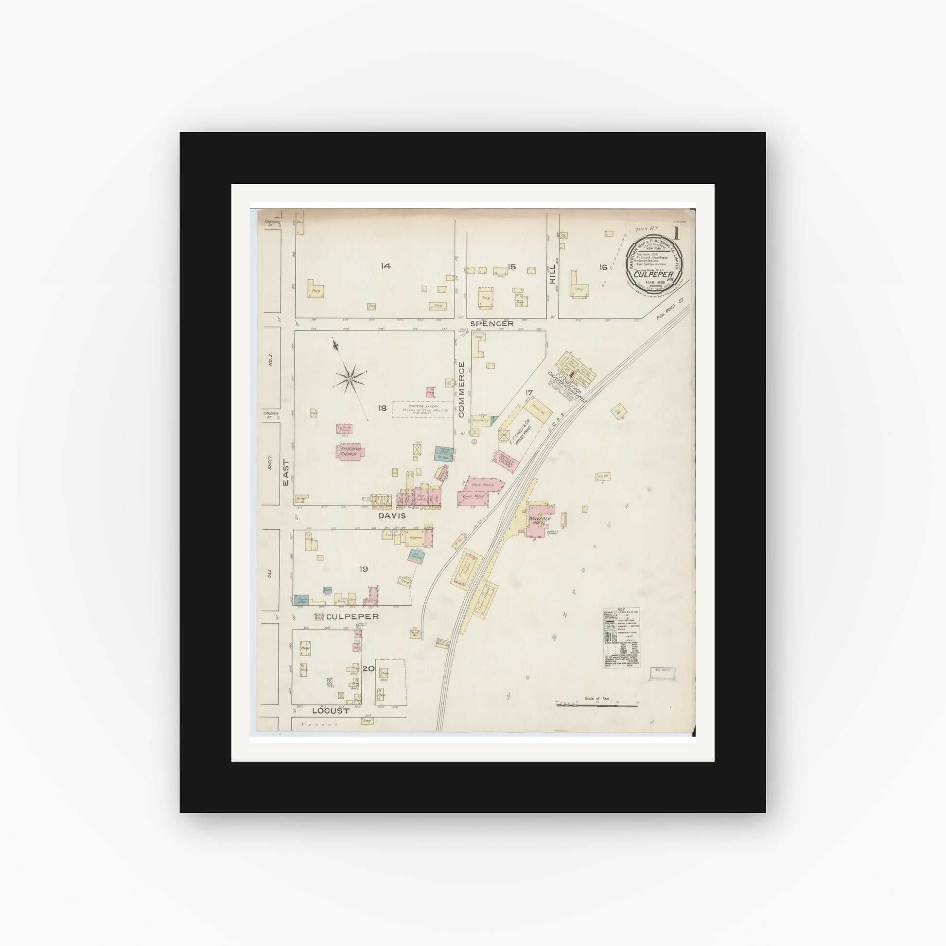 Old map wall art mockup — black gallery frame with white mat — Sanborn Fire Insurance Map from Culpeper, Culpeper County, Virginia (1886) - Complete Map Set