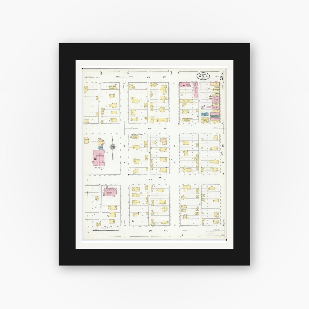Old map wall art mockup — black gallery frame with white mat — Sanborn Fire Insurance Map from Wells, Faribault County, Minnesota (1909), Sheet #0005