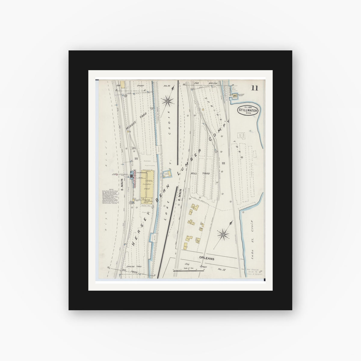 Old map wall art mockup — black gallery frame with white mat — Sanborn Fire Insurance Map from Stillwater, Washington County, Minnesota (1888), Sheet #0011