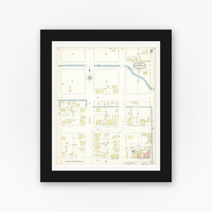 Old map wall art mockup — black gallery frame with white mat — Sanborn Fire Insurance Map from Bakersfield, Kern County, California (1899), Sheet #0003