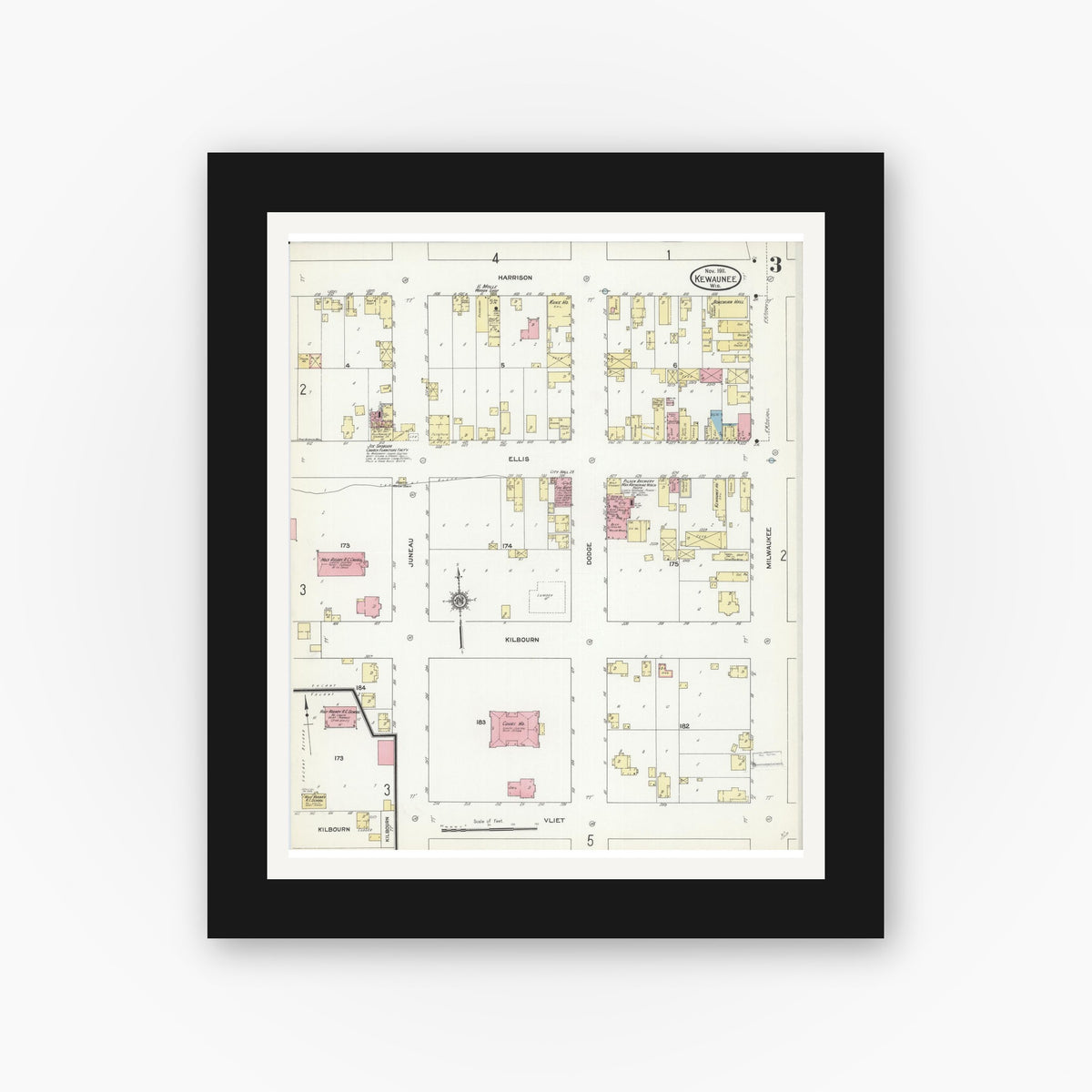 Old map wall art mockup — black gallery frame with white mat — Sanborn Fire Insurance Map from Kewaunee, Kewaunee County, Wisconsin (1911), Sheet #0003