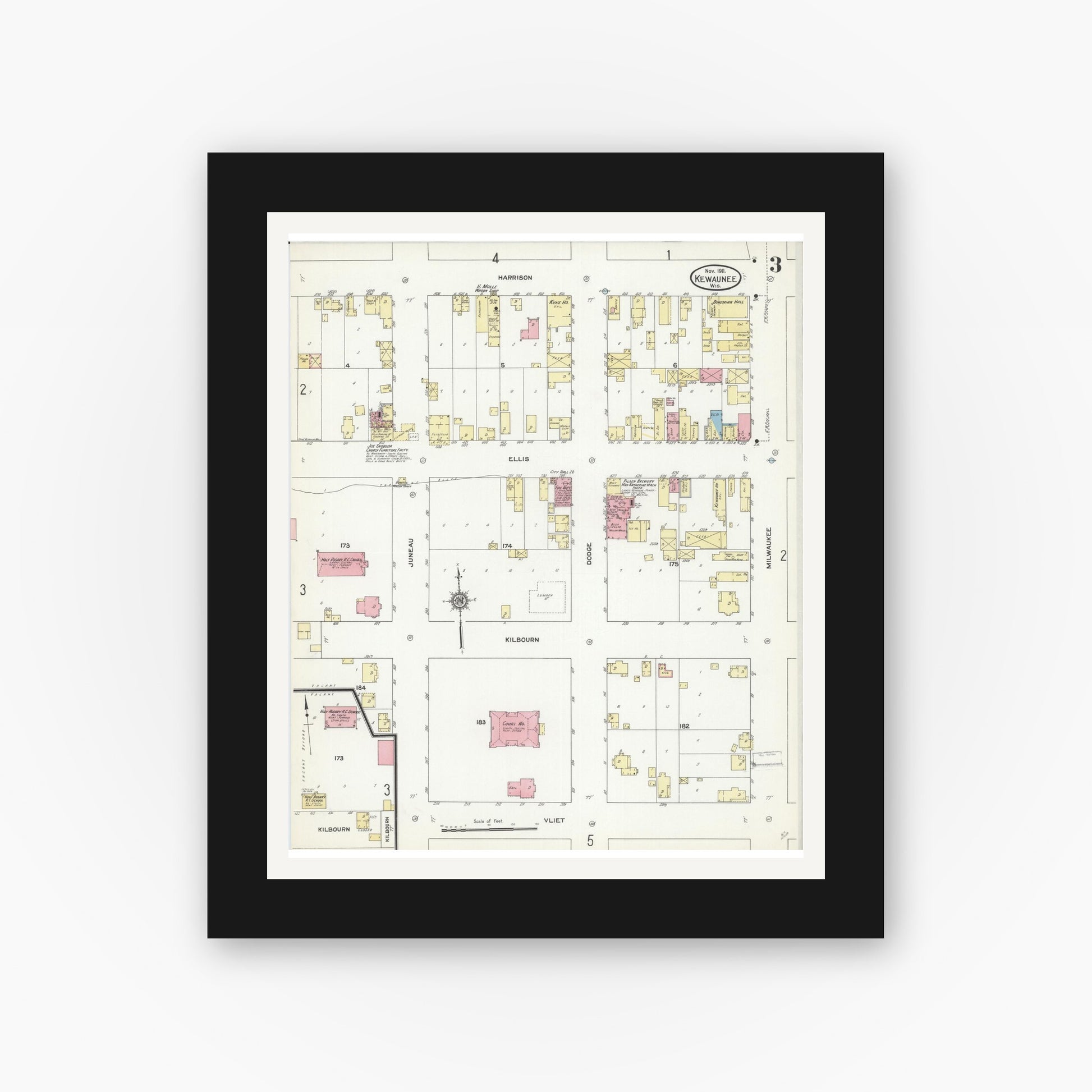 Old map wall art mockup — black gallery frame with white mat — Sanborn Fire Insurance Map from Kewaunee, Kewaunee County, Wisconsin (1911), Sheet #0003