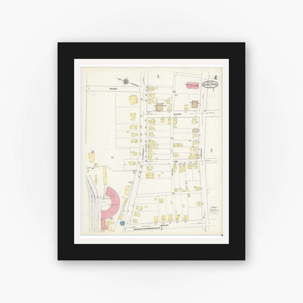 Old map wall art mockup — black gallery frame with white mat — Sanborn Fire Insurance Map from Jersey Shore, Lycoming County, Pennsylvania (1913), Sheet #0004