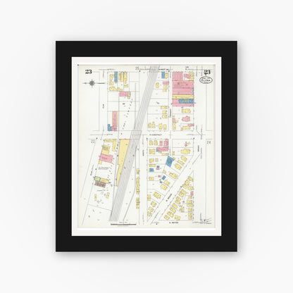 Old map wall art mockup — black gallery frame with white mat — Sanborn Fire Insurance Map from Elyria, Lorain County, Ohio (1925), Sheet #0023
