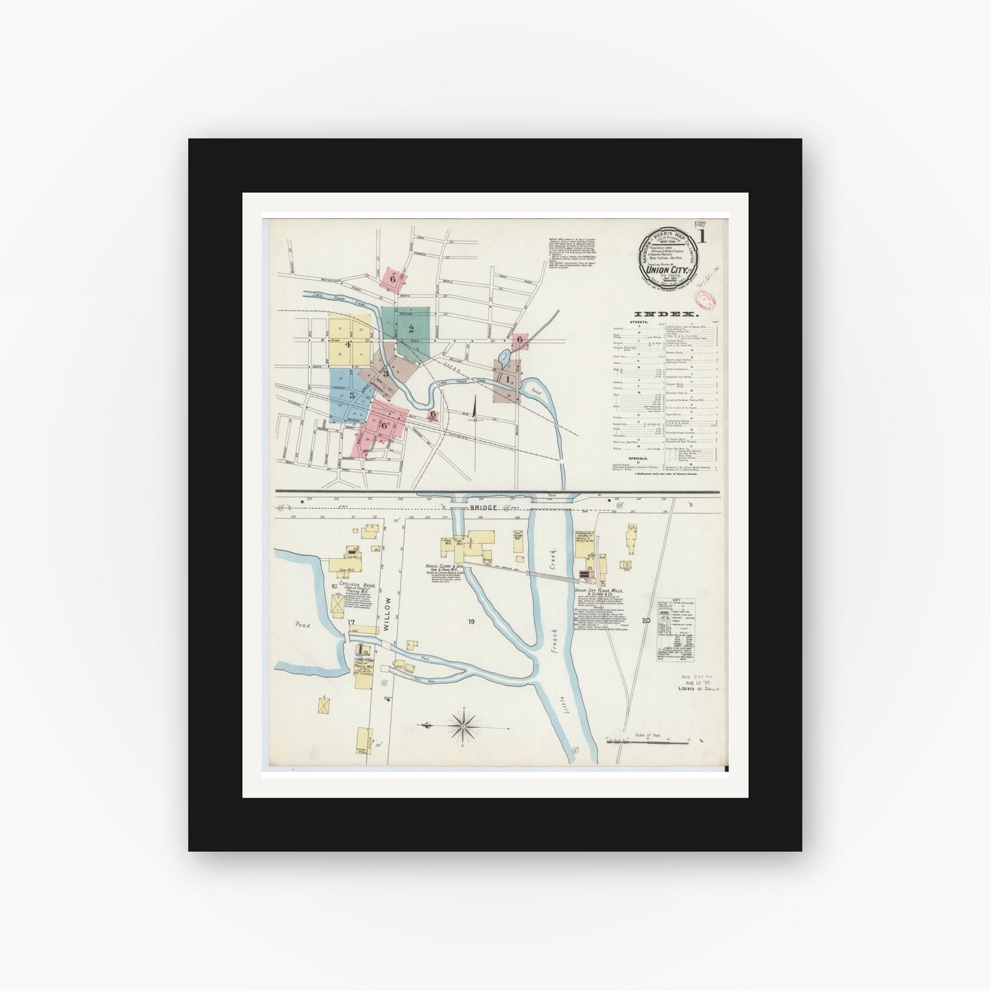 Old map wall art mockup — black gallery frame with white mat — Sanborn Fire Insurance Map from Union City, Erie County, Pennsylvania (1895) - Complete Map Set