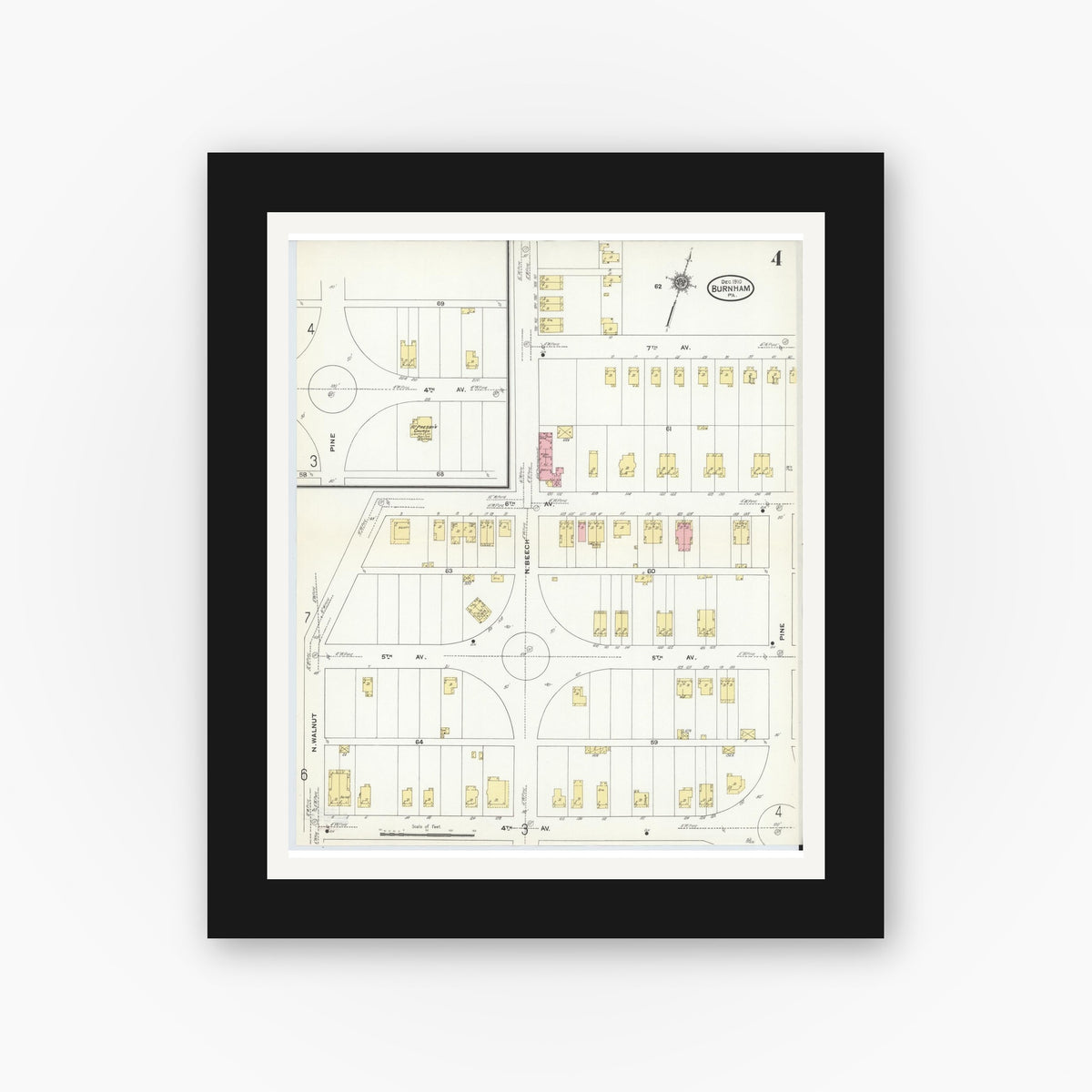 Old map wall art mockup — black gallery frame with white mat — Sanborn Fire Insurance Map from Burnham, Mifflin County, Pennsylvania (1910), Sheet #0004