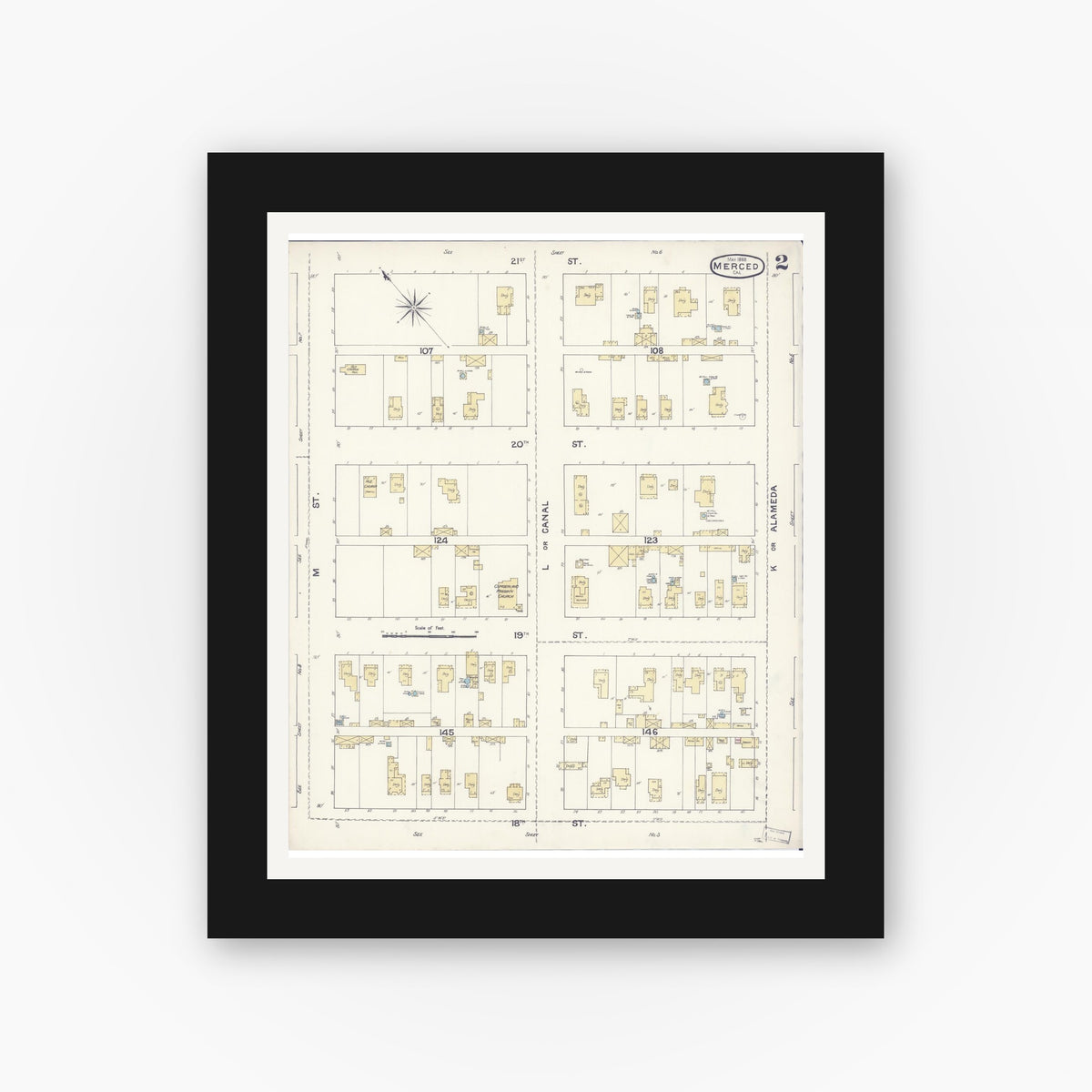Old map wall art mockup — black gallery frame with white mat — Sanborn Fire Insurance Map from Merced, Merced County, California (1888), Sheet #0002