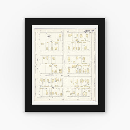 Old map wall art mockup — black gallery frame with white mat — Sanborn Fire Insurance Map from Merced, Merced County, California (1888), Sheet #0002