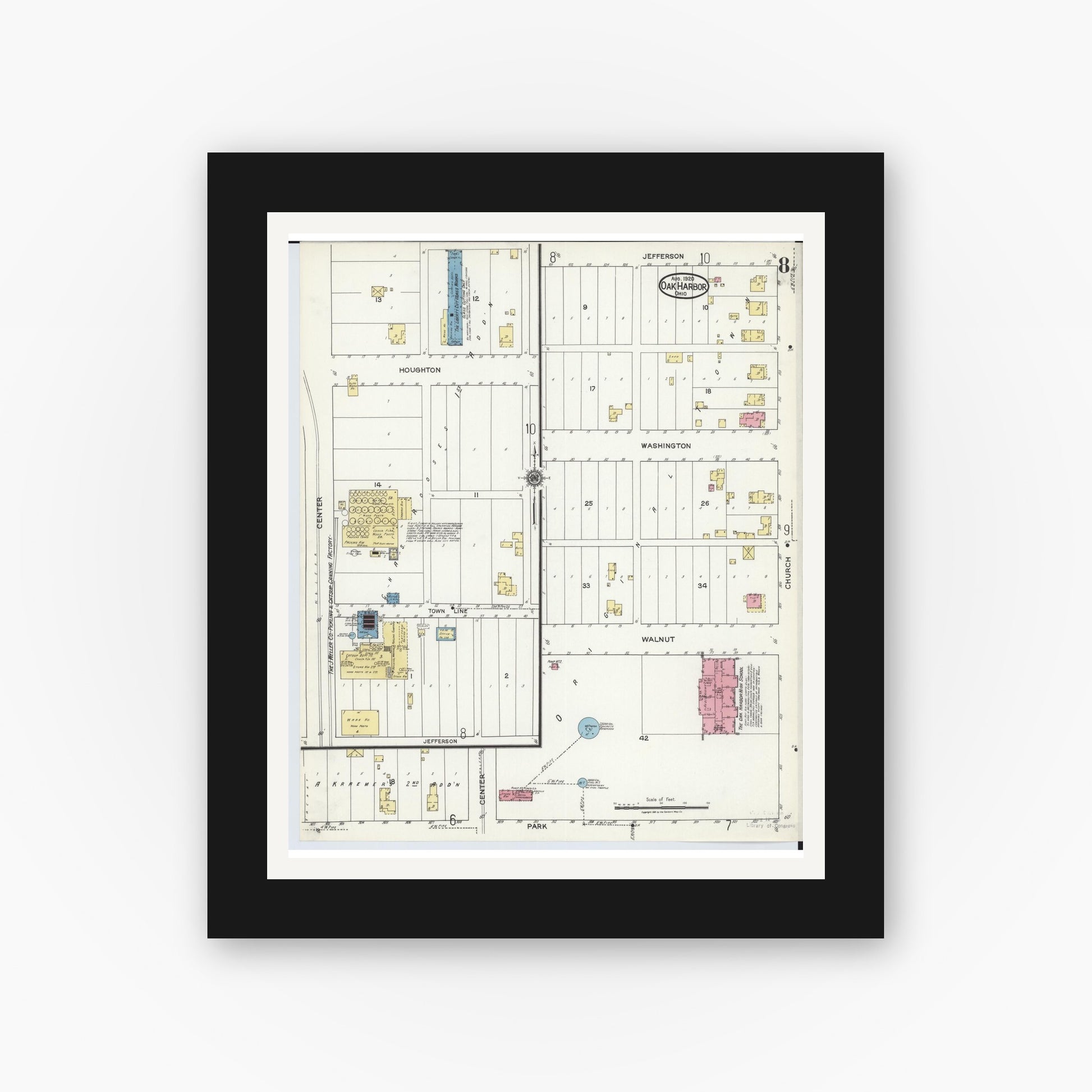 Old map wall art mockup — black gallery frame with white mat — Sanborn Fire Insurance Map from Oak Harbor, Ottawa County, Ohio (1920), Sheet #0008