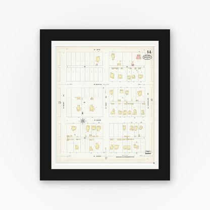 Old map wall art mockup — black gallery frame with white mat — Sanborn Fire Insurance Map from Denison, Grayson County, Texas (1908), Sheet #0014