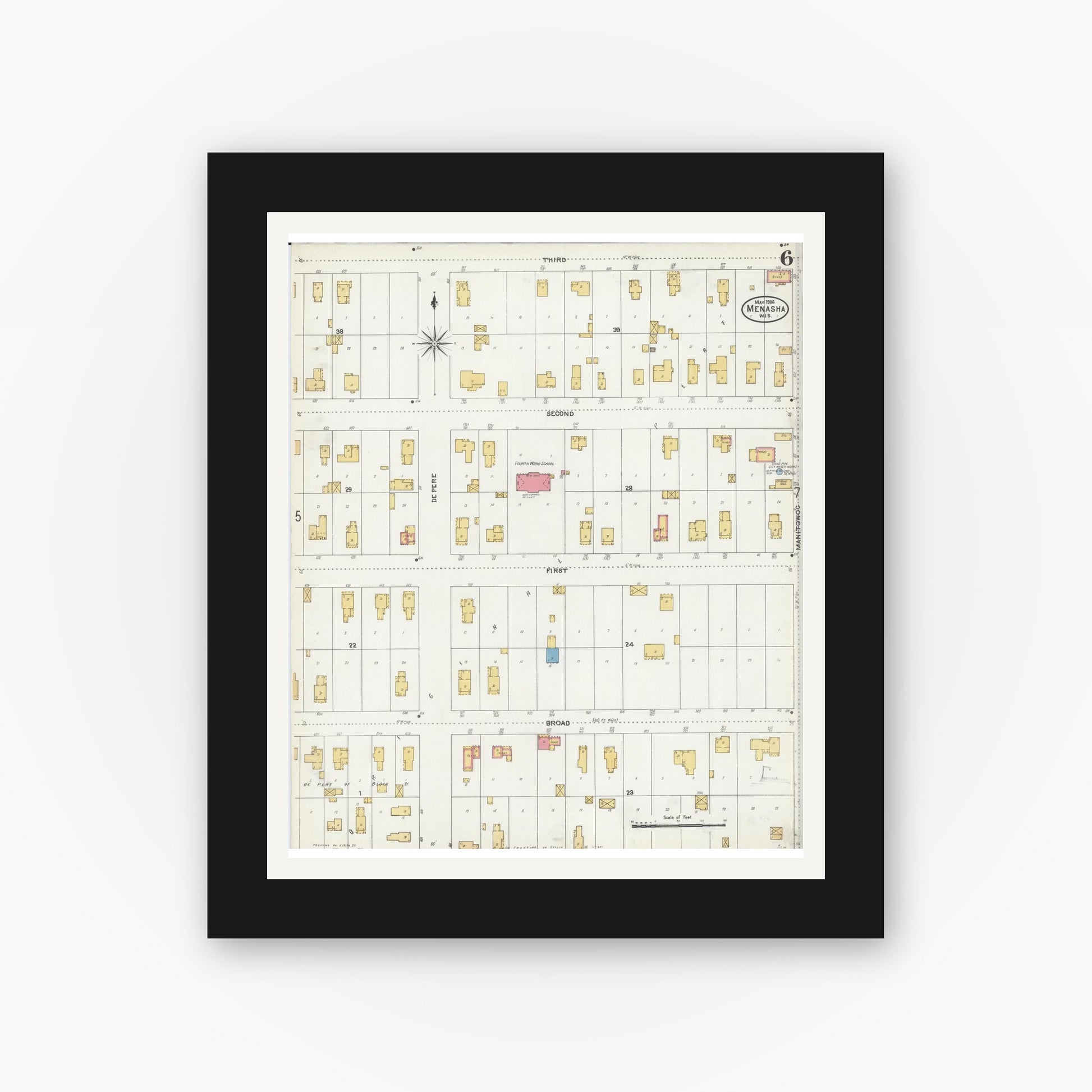 Old map wall art mockup — black gallery frame with white mat — Sanborn Fire Insurance Map from Menasha, Winnebago County, Wisconsin (1906), Sheet #0006
