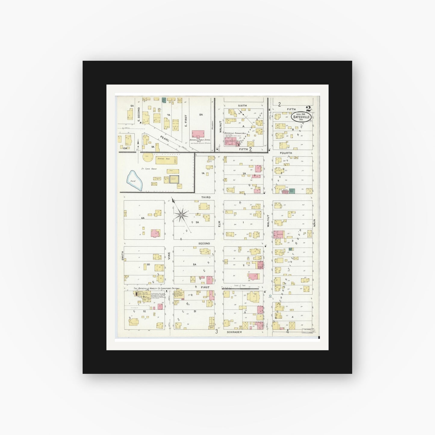 Old map wall art mockup — black gallery frame with white mat — Sanborn Fire Insurance Map from Batesville, Ripley County, Indiana (1909), Sheet #0002