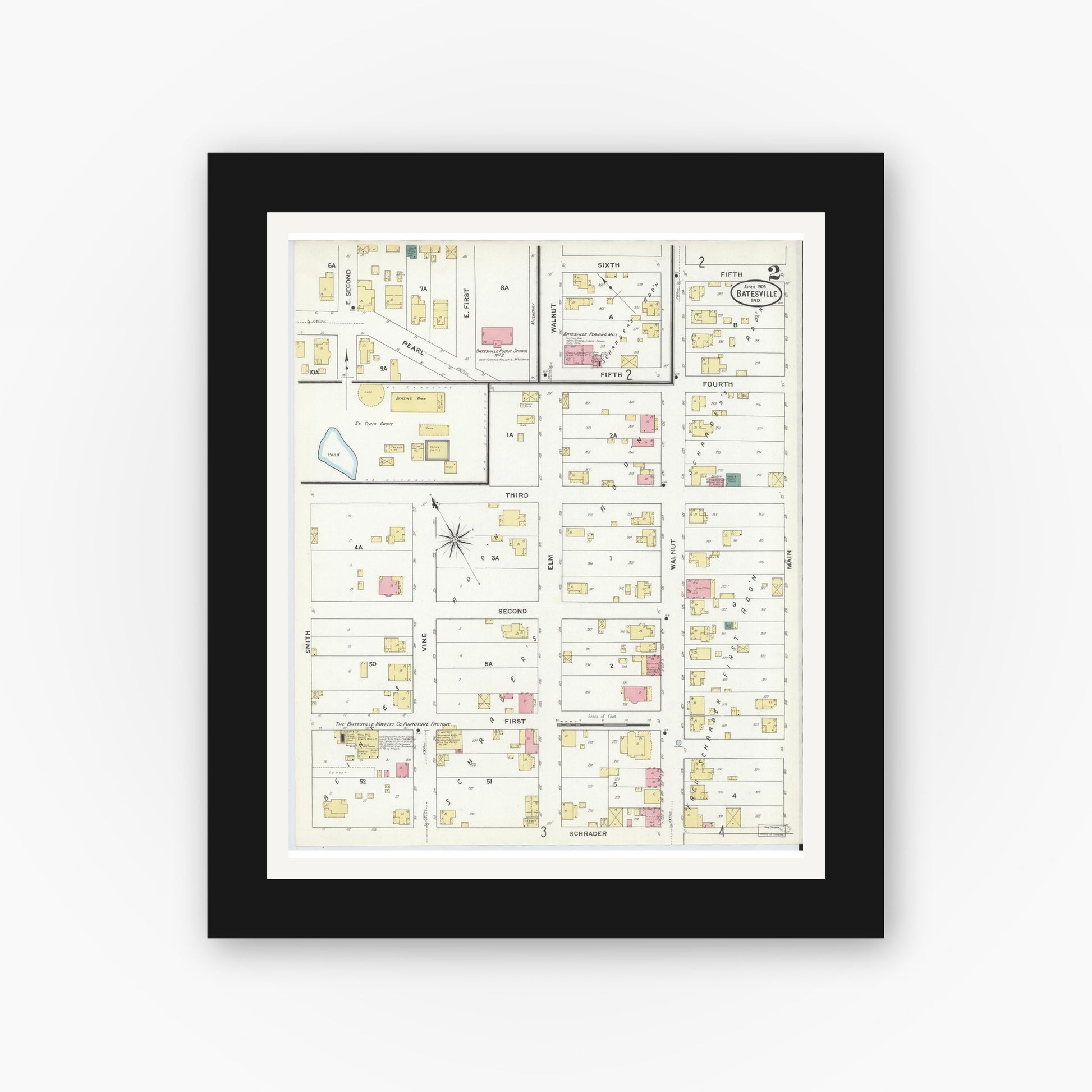 Old map wall art mockup — black gallery frame with white mat — Sanborn Fire Insurance Map from Batesville, Ripley County, Indiana (1909), Sheet #0002