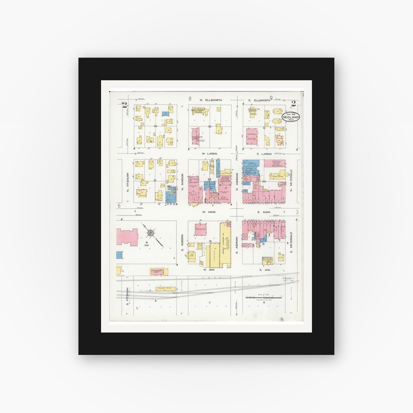 Old map wall art mockup — black gallery frame with white mat — Sanborn Fire Insurance Map from Midland, Midland County, Michigan (1926), Sheet #0002