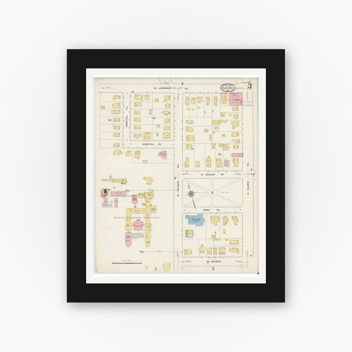 Old map wall art mockup — black gallery frame with white mat — Sanborn Fire Insurance Map from Sayre, Bradford County, Pennsylvania (1915), Sheet #0003